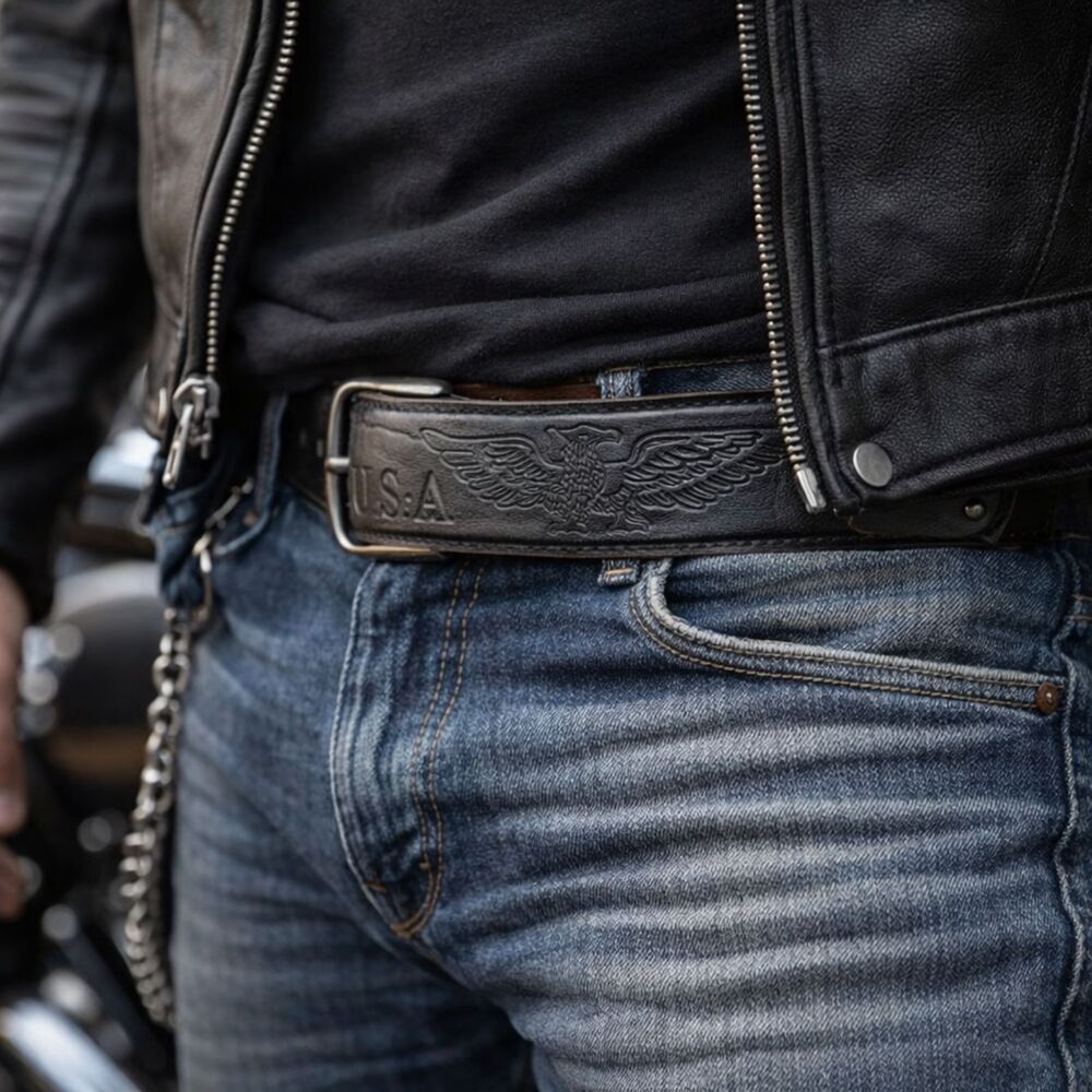 Tooled Black Leather Belt NEW Mens L USA Eagle Biker Bikercore Western